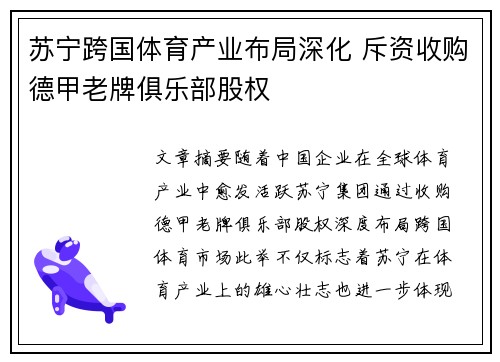苏宁跨国体育产业布局深化 斥资收购德甲老牌俱乐部股权