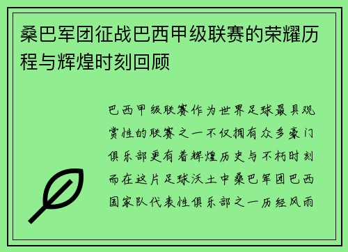 桑巴军团征战巴西甲级联赛的荣耀历程与辉煌时刻回顾