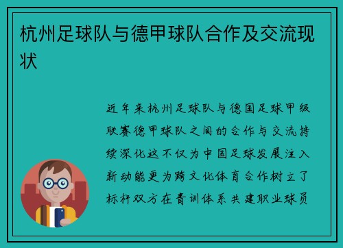 杭州足球队与德甲球队合作及交流现状